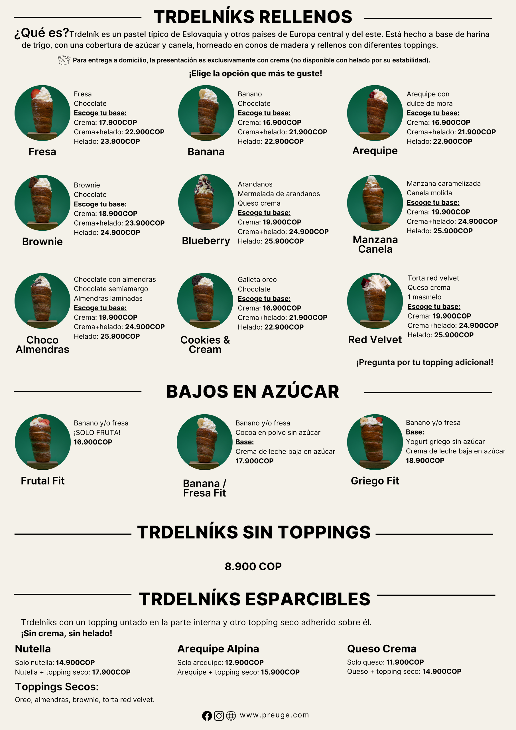 Menu de Trdelniks con toppings