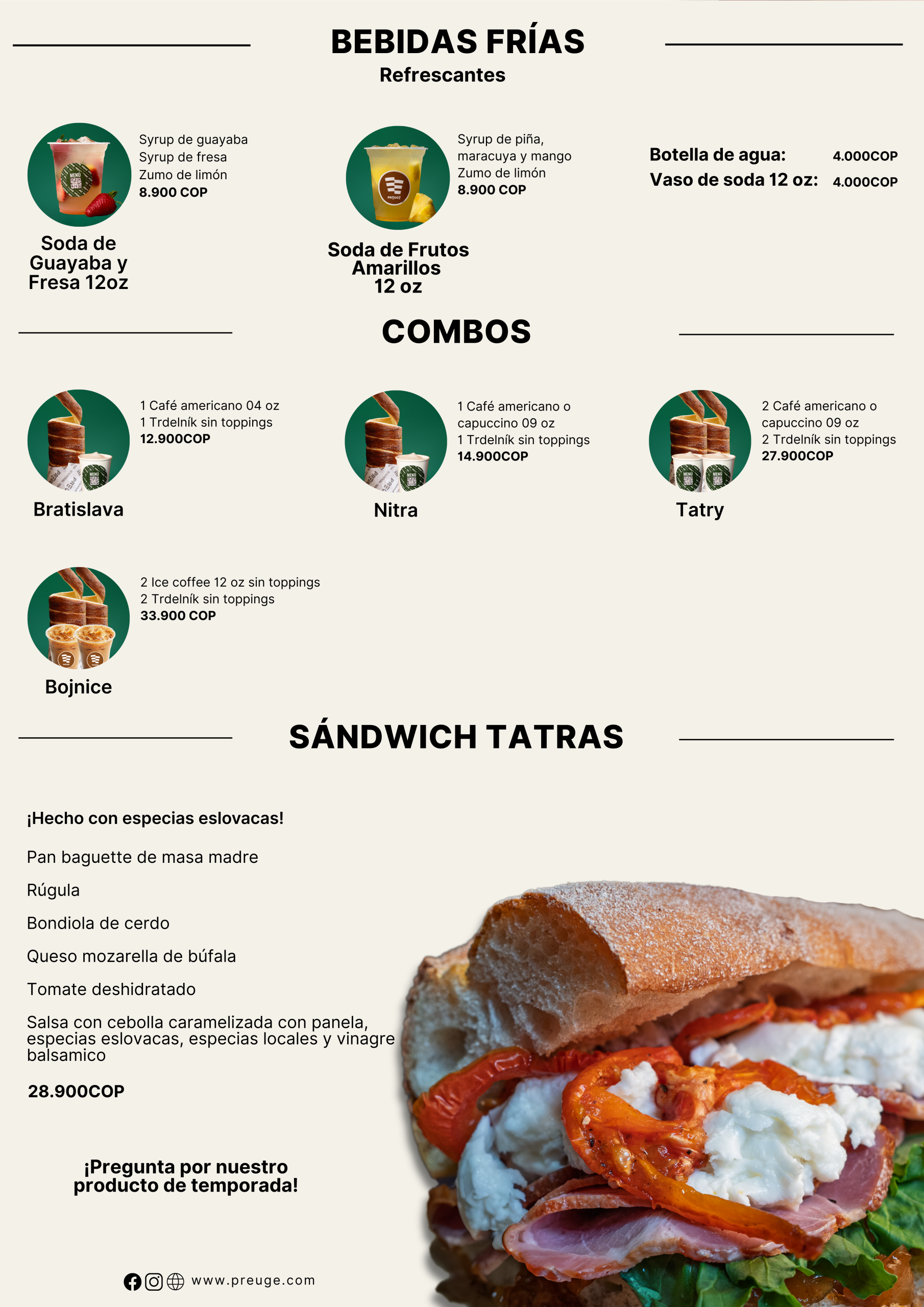 Menu de Bebidas y sandwich tatras