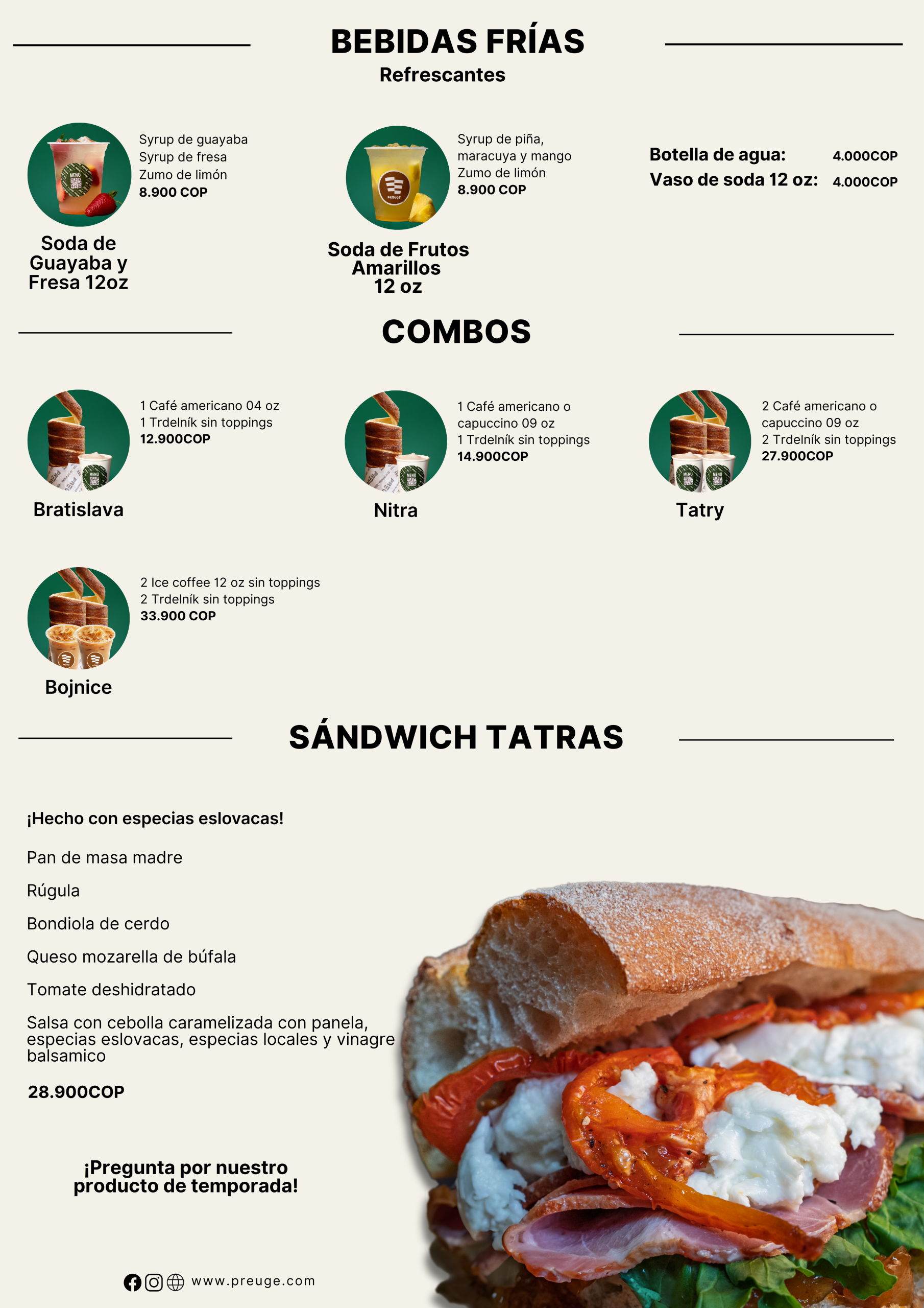 Menu de Bebidas y sandwich tatras