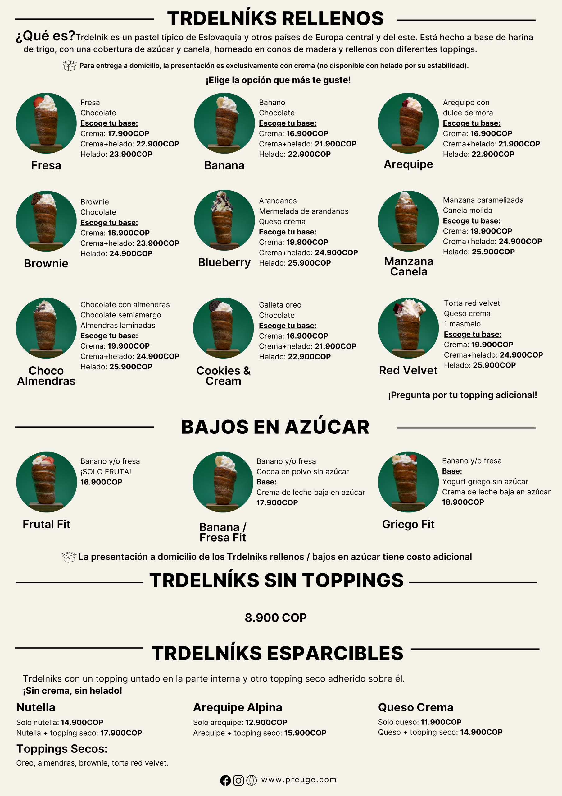 Menu de Trdelniks con toppings