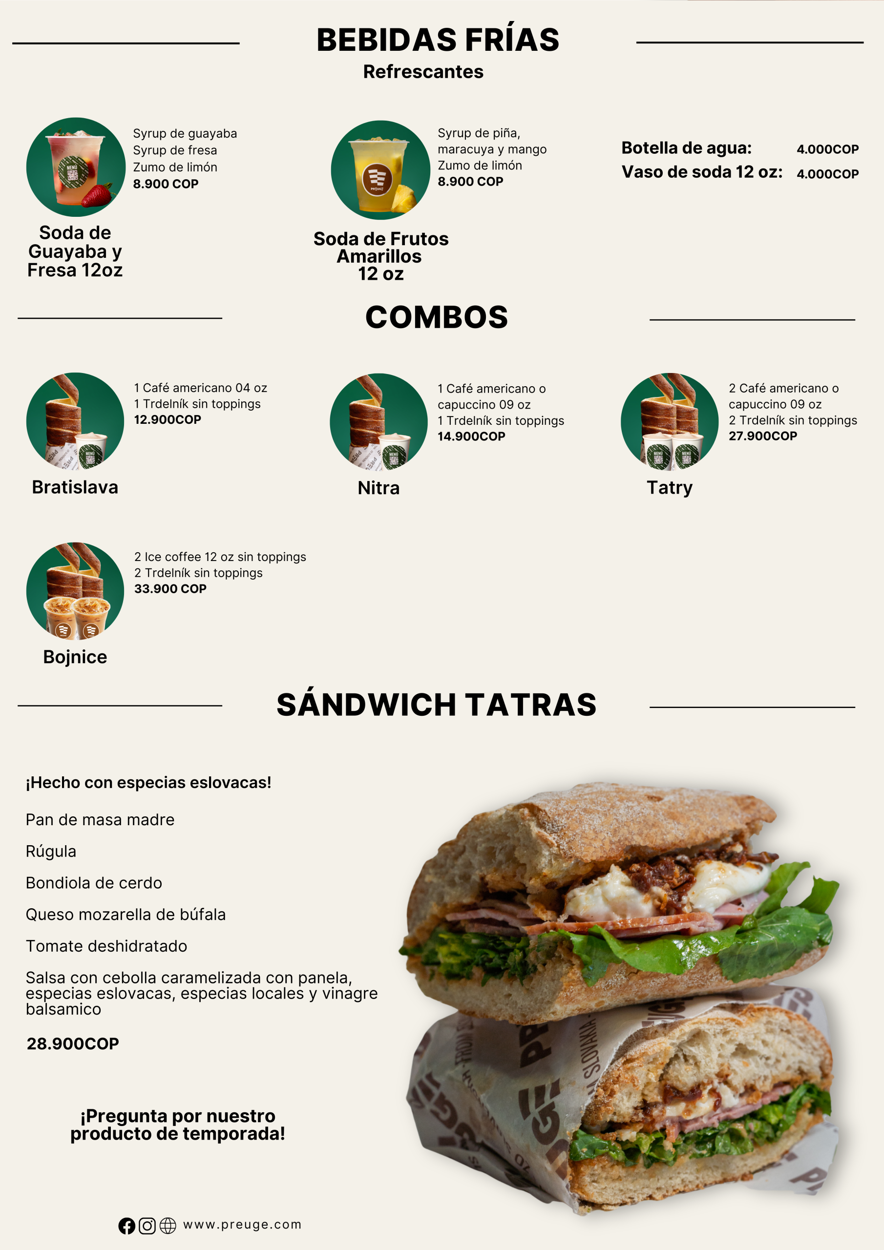 Menu de Bebidas y sandwich tatras